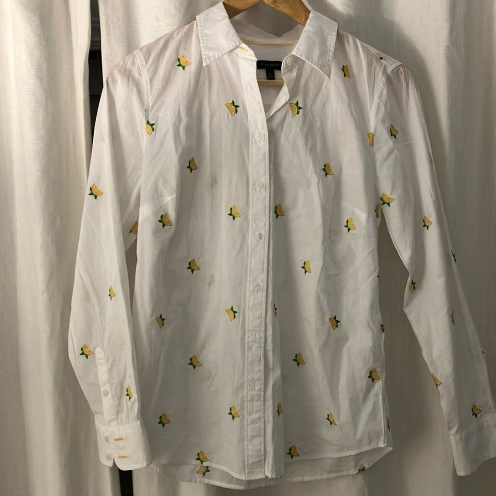 Talbots White Button-Down Shirt with Yellow and Green Accents size xs